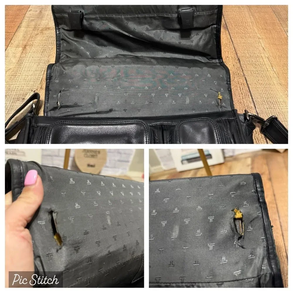 TUMI Alpha Nappa Leather Flap Expandable Briefcase Black Messenger Bag Has Flaws